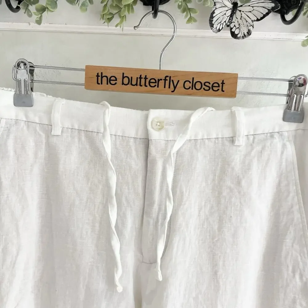 Zara White 100% Linen Elastic Pocketed Classic Pants Sz M 22-8295